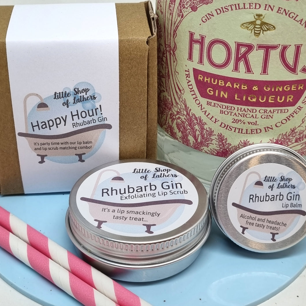Happy Hour Gift Set - Rhubarb Gin - Lip Scrub and Lip Balm - Sugar Scrub for Lips - Dry Skin Treatment - Mocktail Gift Set